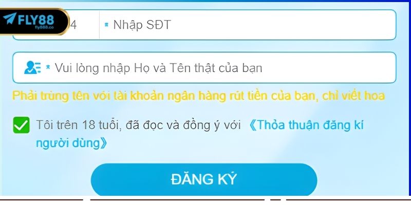 Điền thông tin đăng ký Fly88 vào biểu mẫu